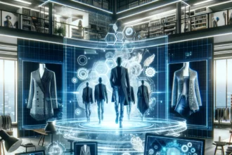 Futuristic fashion design studio with AI-powered technology, showcasing a blend of traditional and digital clothing design concepts.