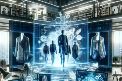 Futuristic fashion design studio with AI-powered technology, showcasing a blend of traditional and digital clothing design concepts.